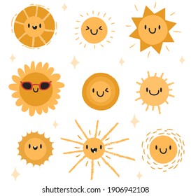 Cute sun emoticons in modern  vector style. Cartoon smiley icons.A set of stickers. The sun, logo, smile face, good mood. Colorful abstract Suns with faces. Shine and rays of golden color.