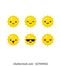 Cute Sun Emoticons In Modern Vector Style. Cartoon Smiley Icons.