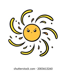 Cute sun with eyes and smile. Yellow sun smiling face in doodle style. Black and white vector illustration isolated in white background