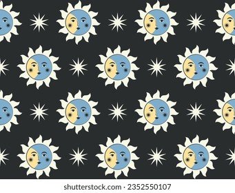 Cute sun with face seamless pattern design. Vector illustration. 