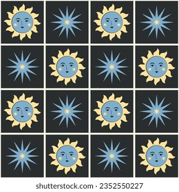 Cute sun with face seamless pattern design. Vector illustration. 