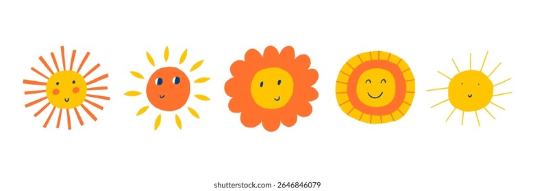 Cute Sun Face Sticker. Kid Sunshine Character Icon Set. Vector Illustration