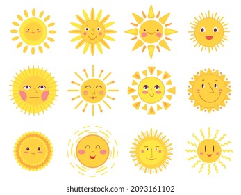 Cute sun faces. Happiness joy suns, isolated baby sunshine elements. Funny smiling morning symbols, scandinavian style summer decent vector set