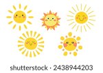 Cute sun flat vector illustrations set. Yellow childish sunny emoticons collection. Smiling sun with sunbeams cartoon character isolated on white background. T shirt print design element.