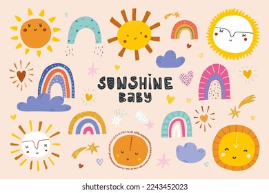 Ilustraciones vectoriales planas de sol. Colección de emoticonos soleados infantiles amarillos. Sol sonriente con personajes de dibujos animados con vigas de sol, arcos de colores y más objetos.