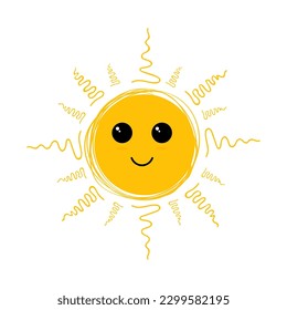 Cute sun flat vector illustrations set. Yellow childish sunny emoticons collection. Smiling sun with sunbeams cartoon character isolated on white background. T shirt print design element.