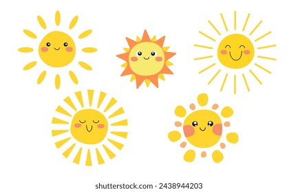 Conjunto de ilustraciones de vector plano de sol lindo. Colección de emoticonos amarillos soleados infantiles. Sonriente sol con rayos de sol personaje de dibujos animados aislado sobre fondo blanco. Elemento de diseño de estampado de camiseta.