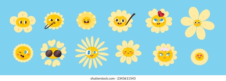 Cute sun and flower characters set vector illustration. Cartoon isolated funny faces with smile, yellow summer and spring daisy and camomile emoji with happy and love emotions, childish collection