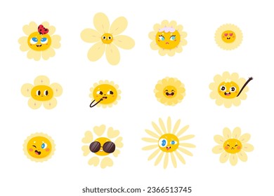 Cute sun and flower characters set vector illustration. Cartoon isolated funny faces with smile, yellow summer and spring daisy and camomile emoji with happy and love emotions, childish collection