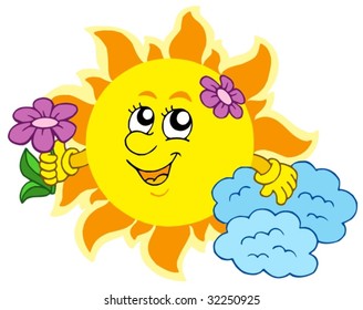 Cute Sun with flower - vector illustration.