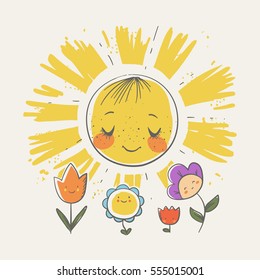 Cute sun and flowers cartoon hand drawn vector illustration. Can be used for t-shirt print, kids wear fashion design, baby shower invitation card.