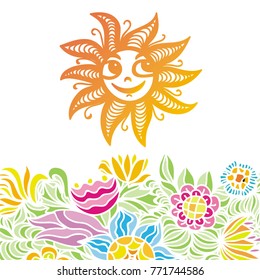 Cute sun and flowers. Vector illustration.
