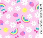Cute sun, fruit, daisy flower and rainbow seamless pattern background.