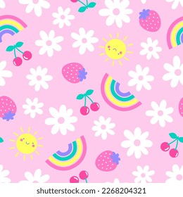 Cute sun, fruit, daisy flower and rainbow seamless pattern background.