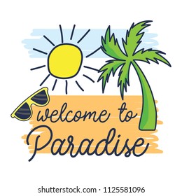 Cute sun glasses with sun in the middle beach and palm coconut tree. Fun summer holidays cards. Hello summer hand drawn style vector illustration