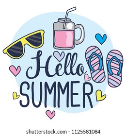 Cute sun glasses, strawberry drink and footwear. Fun summer holidays cards. Hello summer hand drawn style vector illustration