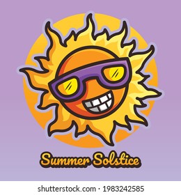Cute Sun with Glasses Vector Illustration. Summer Solstice Concept Flat Cartoon Style.