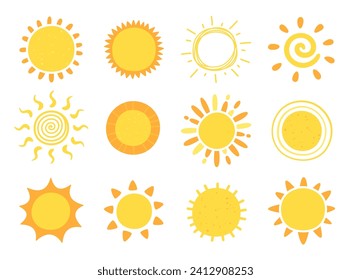 Kühle Sonne. Handgezeichnet doodle gelbe Sommersonnen. Vektorsymbole mit Sonnenstrahlen einzeln auf weißem Hintergrund. Helle, heiße Sonnenaufgänge, glänzendes Klima mit Sonnenliegen. Warmes und helles Sonnenlicht