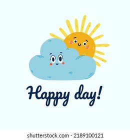Cute sun hiding behind cloud with happy smile. Cute baby characters isolated on white background. Childish colored vector illustration in flat cartoon style.