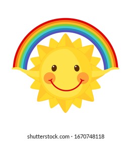 Cute sun holds a rainbow isolated on white background. Summer Icon in flat style. Vector illustration.