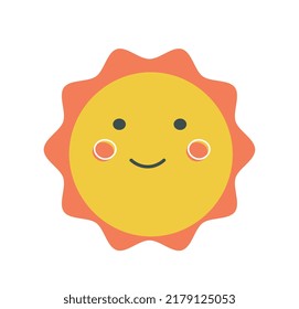 Cute sun icon. Element for print on childrens clothing. Symbol of spring and summer season, beautiful weather. Label on notebook and textbook for schoolchildren. Cartoon flat vector illustration