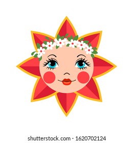 Cute sun icon in flat style isolated on white background as a symbol of Maslenitsa or Shrovetide. National Russian traditional holiday. Design element for cards, posters, banners. Vector illustration.