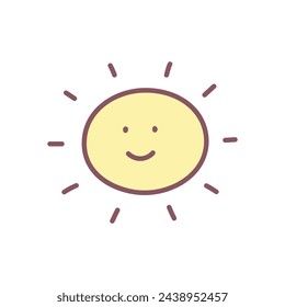 Cute sun icon. Hand drawn illustration of a smiling sun isolated on a white background. Kawaii sticker. Vector 10 EPS.