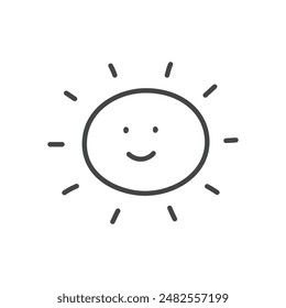 Nettes Sonnensymbol. Handgezeichnete monochrome Illustration einer lächelnden Sonne isoliert auf weißem Hintergrund. Kawaii-Aufkleber. Vektorgrafik 10 EPS.