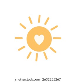 Cute sun icon with heart in center symbol