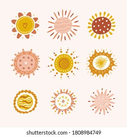 Juego de vectores de iconos de sol. Suns de garganta dibujadas a mano con patrones abstractos y colores retro