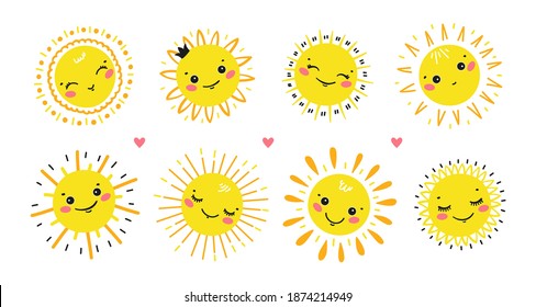 Cute Sun Icons Vector Set. Happy Sun Summer Collection. Cartoon Sunny Smiling Faces 