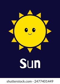 cute Sun kids vector illustration, solar system educational card for teaching, home shool, primary school and kindergarten. Printable space themed card on dark background
