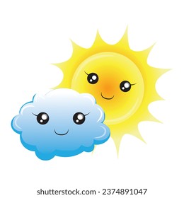 cute sun is looking out from behind kawaii cloud