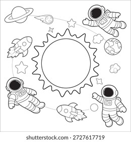 Cute Sun as Main Object Space Coloring Page for Kids