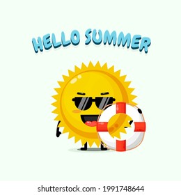 Cute sun mascot carrying a float with summer greetings