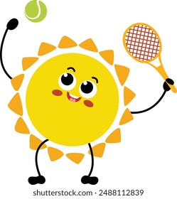 Cute sun mascot character playing tennis