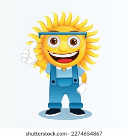 cute sun mascot wearing technician suit and safety glasses, giving thumbs up while smiling