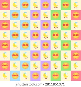 Cute Sun and Moon Checker Seamless Pattern Background