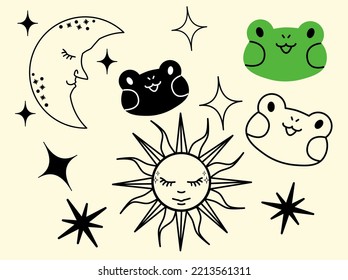 Cute Sun Moon And Frog Vector Simple Illustrations 