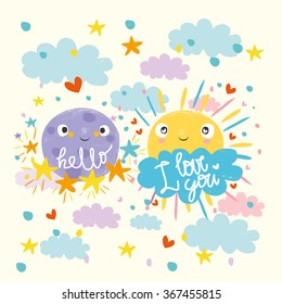 cute sun and moon says hello, i love you. vector illustration. Card for kids.