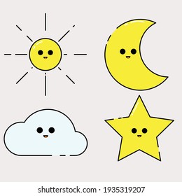 Cute sun, moon, star, and cloud Illustration, happy face icon. Simple modern weather vector icon, flat graphic symbol in trendy flat design style.