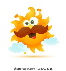 Cute sun with moustache illustration. Clouds, cartoon character, sky. Vacation concept. Can be used for topics like summer, weather forecast, weekend