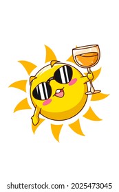 Cute sun with orange juice in summer cartoon illustration