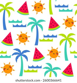 Cute sun, palm tree, wateremelon and wave seamless pattern design for summer holidays background.