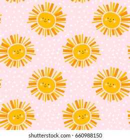 Cute sun pattern. Girl sky vector seamless background in yellow and pink. Summer weather. Retro design for kids.