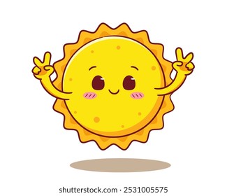 Cute Sun with Peace hand sign Cartoon Vector. Smiling Positive Vibes Icon Vintage Style.