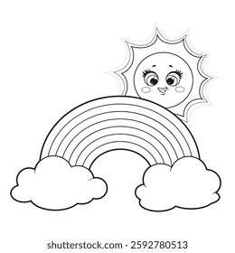 Cute sun peeking out from behind the rainbow outlined for coloring page isolated on white background