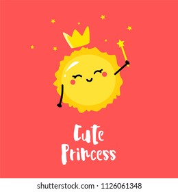 Cute sun princess with a magic wand and crown. Flat style. Vector card.