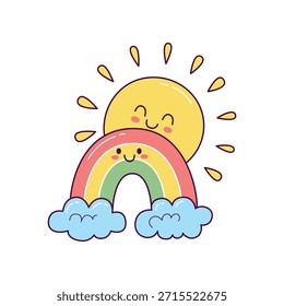 Lindo sol con el arco iris y las nubes ilustración en estilo kawaii dibujado a mano