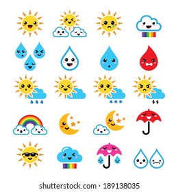 Cute sun, rainbow, moon, rain and cloud - Kawaii, Manga icons   